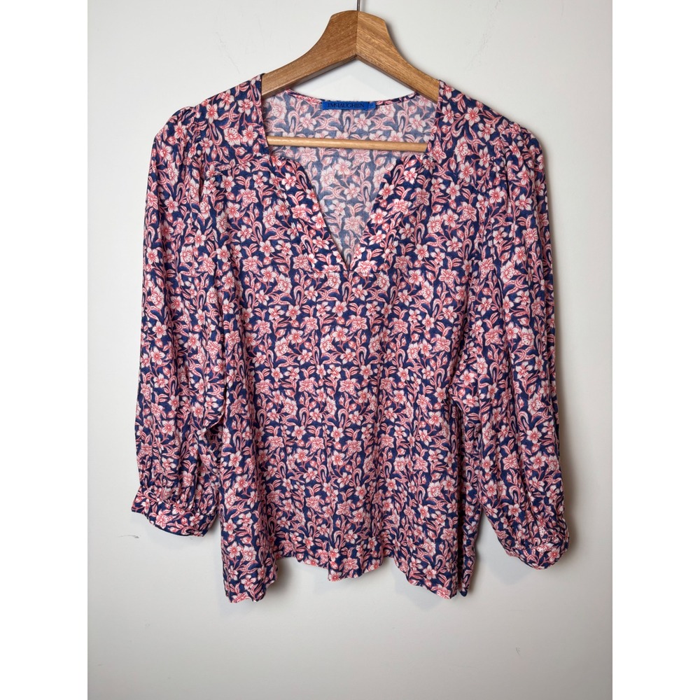 J.McLaughlin Womens Red Navy Floral V-Neck Ramie Tencel Blouse Top Size M